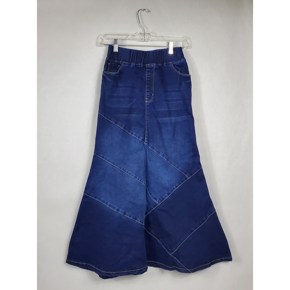 Fashion 2 Love Womens Patchwork Denim Maxi Skirt Dark Blue Elastic Waist S F2L7